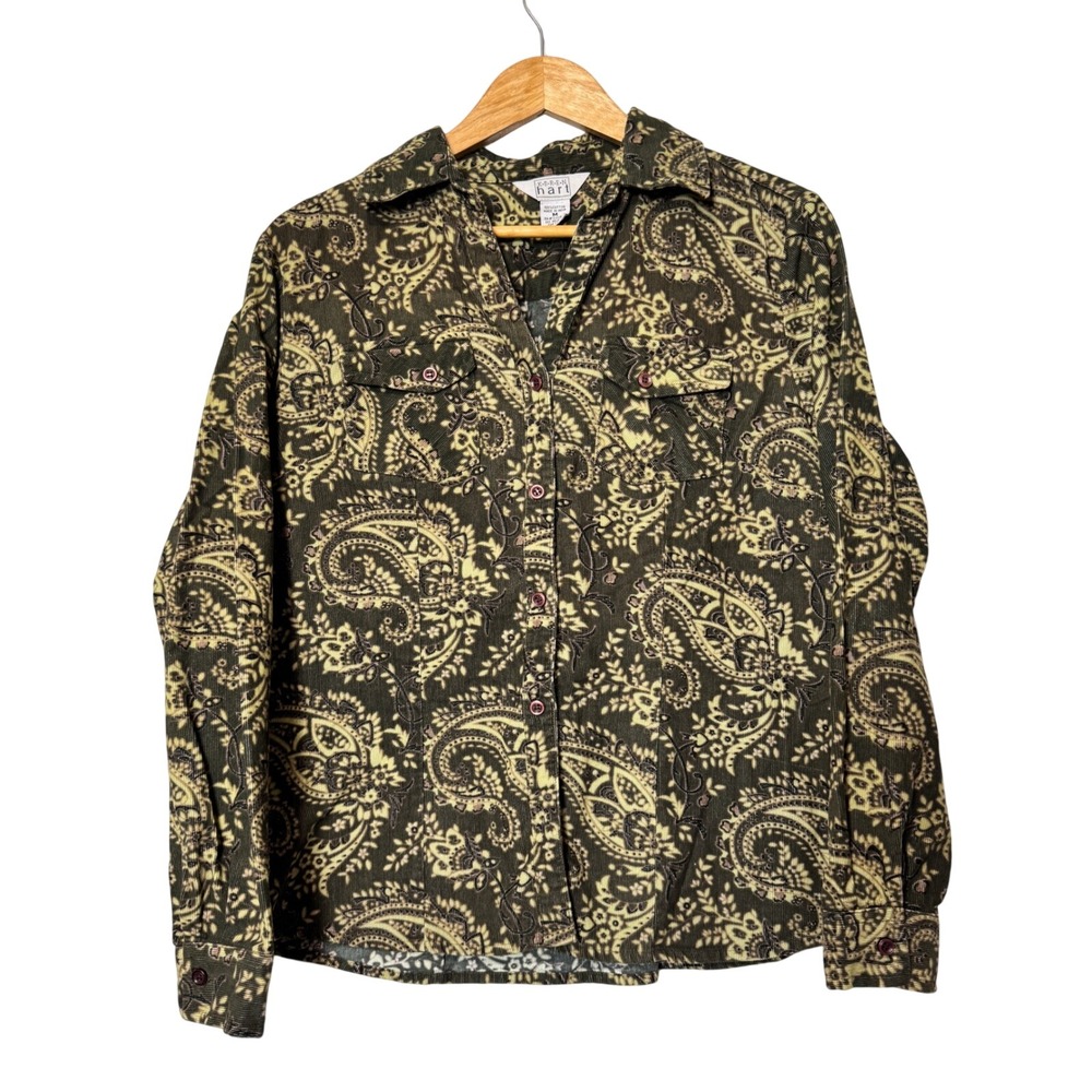 Keren‎ Hart Women's Paisley Corduroy Button Down Shirt Size M Green Long Sleeve